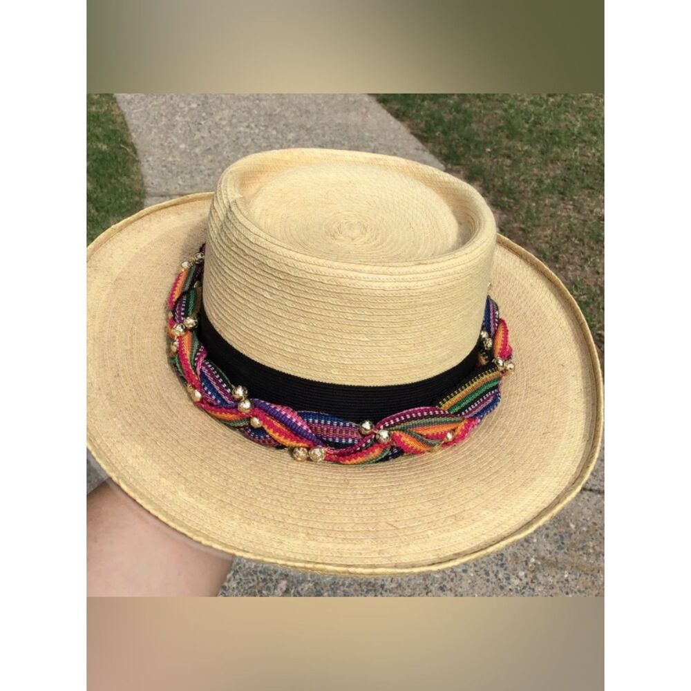 Gumarcaah Guatamala Handwoven Palm Beaded Bow Vintage Hat 55cm - Picture 3 of 6